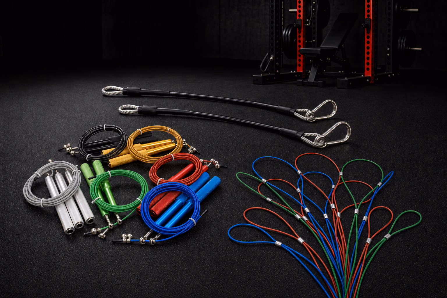 Specialized gym accessories including ropes and cable attachments
